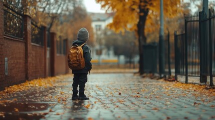 Fototapeta premium Young child with backpack walking in autumn park on rainy day. Back to School, School Season, First Day of School - Education Supplies, Academic Year Beginning