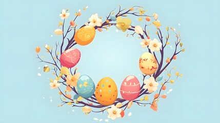 Exquisite Spring Wreath with Delicate Eggs, Branches, and Colorful Flowers for Easter Decor
