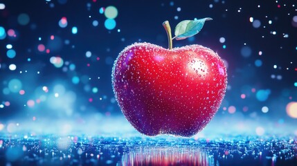 Glowing dew-covered red apple on sparkling blue background