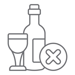 Wine bottle and glass ban thin line icon, prohibited items concept. Vector graphics. Wine, whisky alcohol drinking forbidden sign on white background, outline style icon for mobile or web design.
