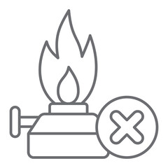 Gas burner ban thin line icon, prohibited items concept. Vector graphics. Gasoline lamp with fire flame forbidden sign on white background, outline style icon for mobile or web design.