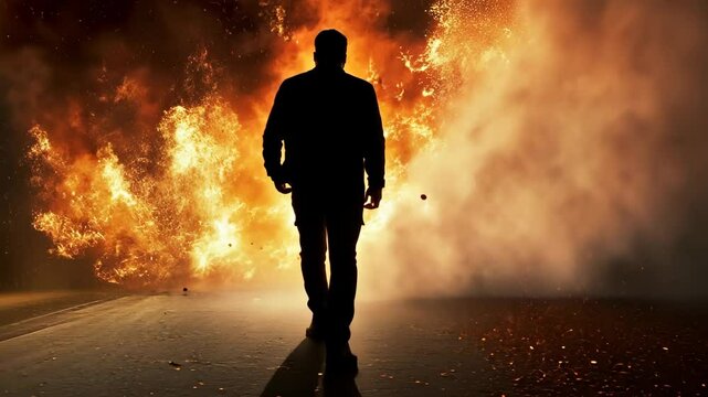 Dramatic silhouette of a man walking toward fire or explosion with intense cinematic lighting and action vibe.
