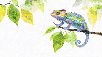 Colorful chameleon perched on branch surrounded by vibrant leaves, showcasing unique mosaic style