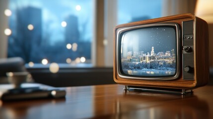Vintage television displaying snowy cityscape in cozy living room