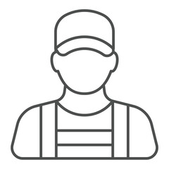 Technician man with uniform thin line icon, car service concept. Vector graphics. Car mechanic repairman avatar sign on white background, outline style icon for mobile or web design.