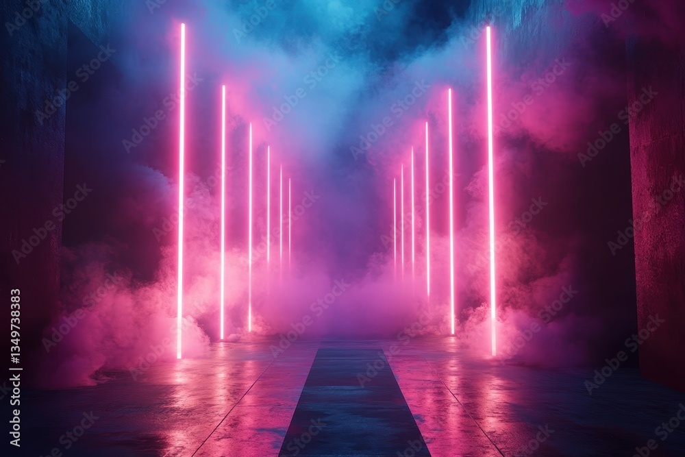 Poster colorful neon lights illuminate a foggy space with dramatic blue and red hues creating an immersive 