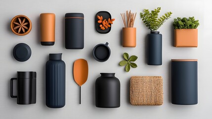 Organized flat lay arrangement of various storage containers including cardboard wicker and metal elements displayed on a light wooden table  The composition showcases diverse shapes textures