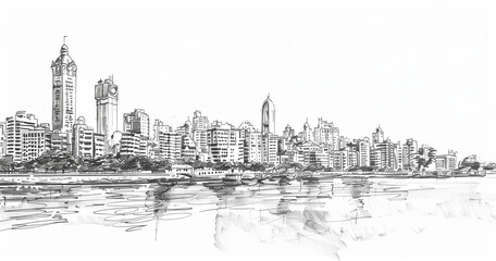 Fototapeta premium Monochrome sketch of Mumbai’s modern skyline.