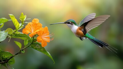Fototapeta premium Hummingbird in flight near flower