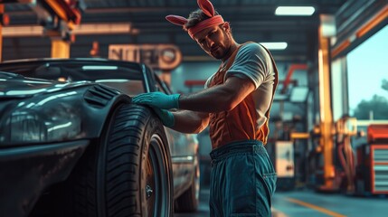 Young caucasian man in bunny ears fixing car tire in garage workshop. Easter, Pascha, Paskha, Ostern, Pascua, Paques - Orthodox and Catholic Holiday celebration