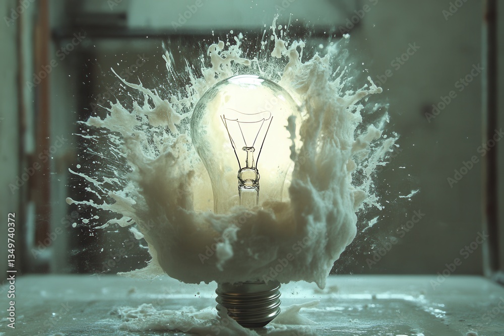 Leinwandbilder Illuminating burst of energy with a light bulb surrounded by an explosion of water droplets in a dark environment creating a dynamic visual effect