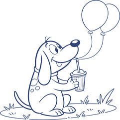 Happy Cartoon Dog with Balloons and Drink