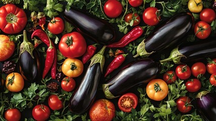 Fresh colorful vegetables, tomatoes, eggplant, peppers, and herbs, flat lay, vibrant background
