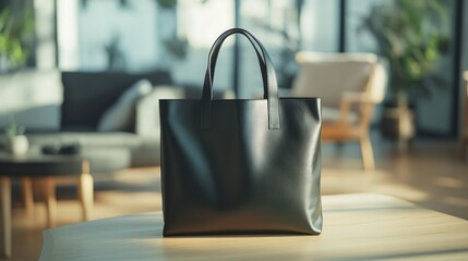 Black Leather Tote Bag on Wooden Table in Modern Room