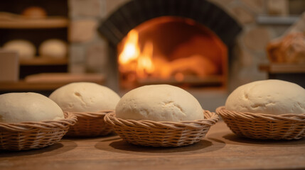 Fresh dough balls in baskets near warm oven, ready for baking