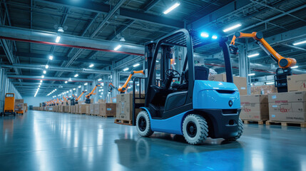 blue forklift in modern warehouse with robotic arms and stacked boxes. scene conveys efficiency and advanced technology in logistics