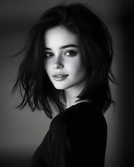 Fototapeta premium Striking black and white portrait showcasing the captivating charm and confidence of a stylishly elegant fictional female character with a sketch like engraving aesthetic