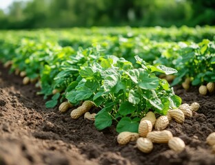Peanut field harvest, sunlit rows, soil, agriculture