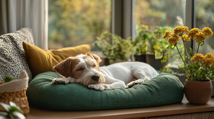 Senior dog comfortably resting on a green cushion to manage arthritis and enjoy a peaceful moment of relaxation in a cozy indoor space.