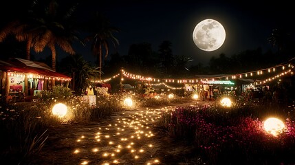 A nighttime market scene glows under a bright full moon