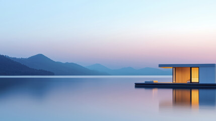 serene floating house by calm lake at dusk, surrounded by mountains