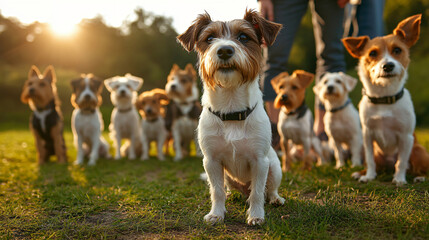 Charming dog sitting calmly in a beautiful outdoor park surrounded by lush greenery and natural scenery on a sunny day.