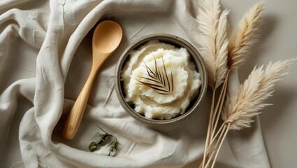 Creamy mashed potatoes in bowl on cloth (1)