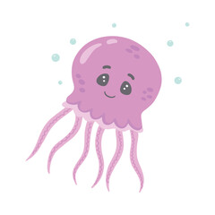 Vector illustration of a cartoon pink jellyfish isolated on a white background. Kawaii character, pink jellyfish