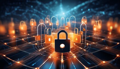 a digital illustration depicting a network of interconnected nodes highlighted by glowing orange locks symbolizing cybersecurity and data protection