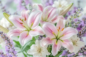 Obraz premium Beautiful bouquet of pink lilies and lavender flowers arranged elegantly in a bright setting