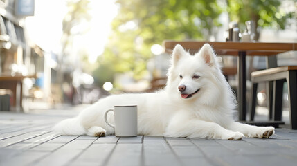 White Dog Relaxing In Outdoor Cafe