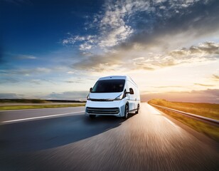 Fototapeta premium futuristic white van speeding on empty road against a dramatic sky