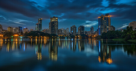 Fototapeta premium Sunset over Bangalore skyline reflected in serene waterfront.
