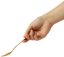Hand holding gold tea spoon on isolated transparent background