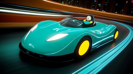 Obraz premium A cartoon character is driving a blue sports car on a track