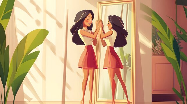 Woman Embracing Her Reflection in Mirror - Showing Narcissistic Behavior