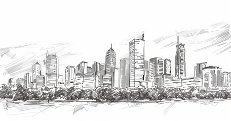 Pencil sketch of Bangalore's modern skyline with detailed buildings.