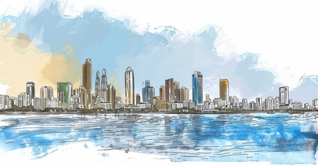 Obraz premium Colorful watercolor of Mumbai skyline with reflection in water.