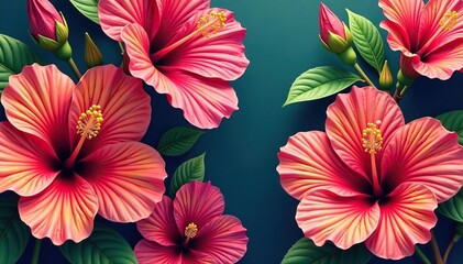 Bold tropical hibiscus blooms, vibrant seamless print, hibiscus, green