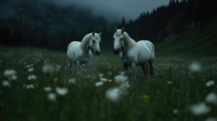 Fototapeta premium Two majestic white horses in a misty meadow at night