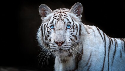 majestic white tiger with piercing blue eyes standing against a dark background exuding power and elegance