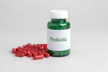 Premium Probiotics in Emerald Glass Container with Red Pills, Digestive System Balance