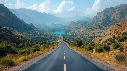 Fototapeta premium Scenic mountain road leading to a serene lake in a remote landscape