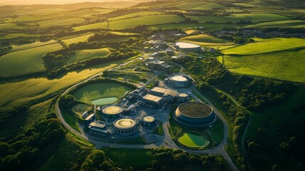 Panoramic view of a modern science complex surrounded by green hills and fields, flooded with warm sunset light, ideal for scientific and educational materials,