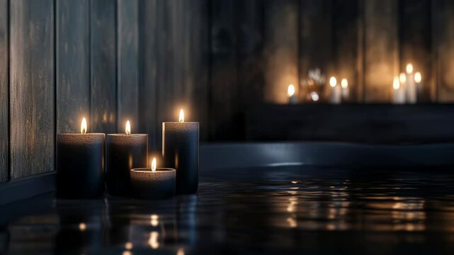 Seamless loop animation background of cozy candlelit spa with black candles reflecting on water in rustic wooden bath, concept for relaxation and wellness retreat
