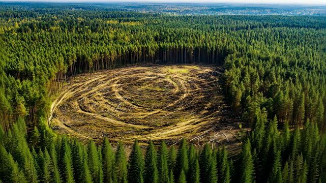 Geometric crop circle pattern appears in a golden agricultural field surrounded by green forest, shot from above.
