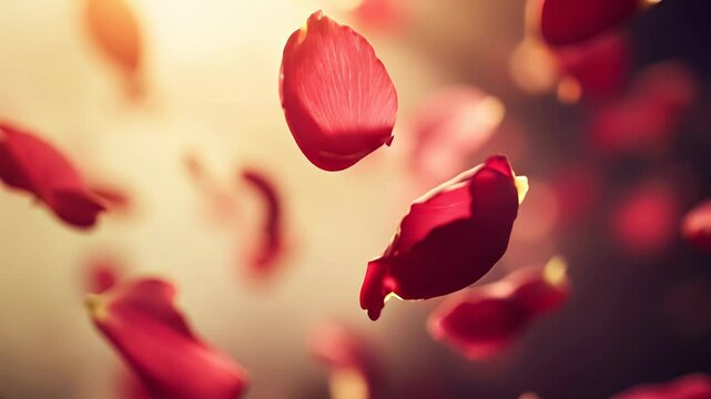 Seamless loop animation background of floating red rose petals illuminated by warm sunlight, floral backdrop
