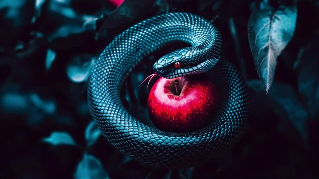 Mysterious black snake with glowing red eyes wrapped around a shiny red apple, concept for temptation, danger, and biblical symbolism
