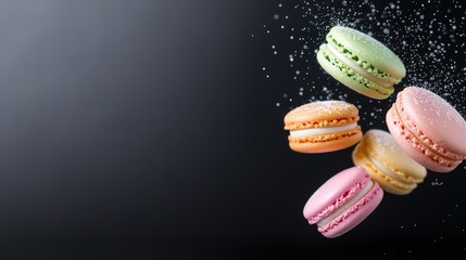 Colorful macarons in mid-air, dark background