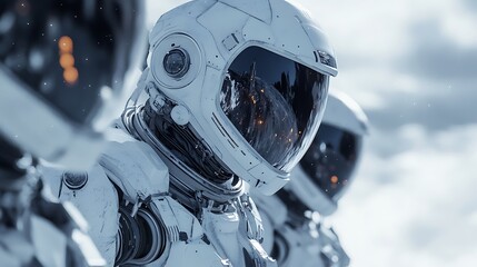 Three astronauts in white space suits are standing in front of a cloudy sky